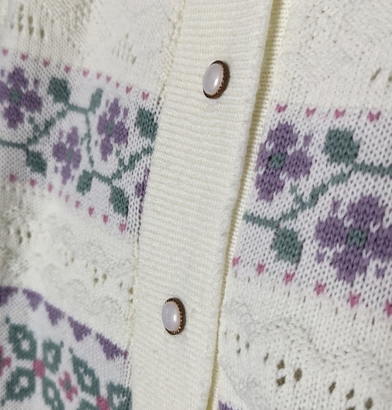 L - Vintage | Floral Knit Cardigan • Purple Sage Green Deco Print Button Front - Picture 3 of 8